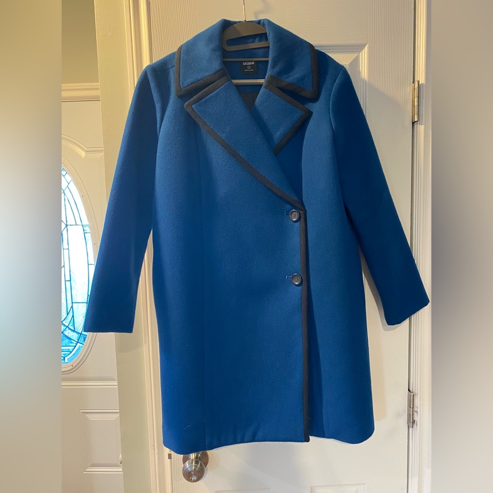 Kate Spade Blue Trench Coat with Black Trim Size Small